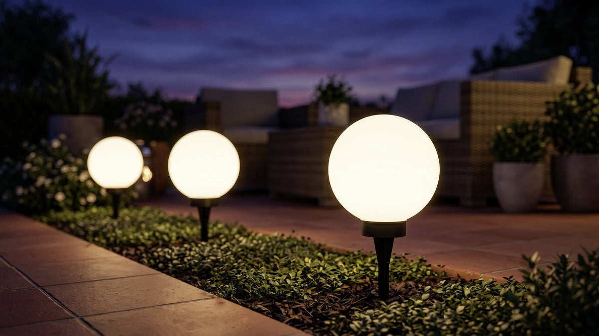 Trois luminaires boule lumineux plantés dans un massif, ambiance de jardin au crépuscule.