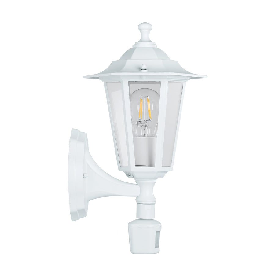 Vue trois quarts de l'applique blanche avec ampoule visible, sur fond blanc.