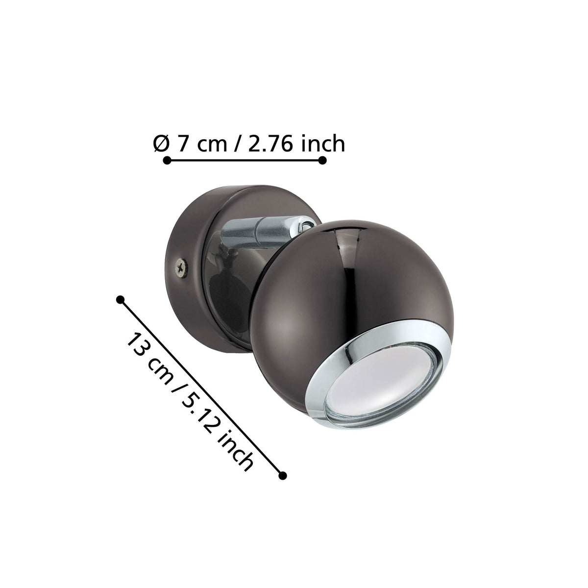 Schéma coté du luminaire : diamètre 7 cm et profondeur 13 cm indiqués