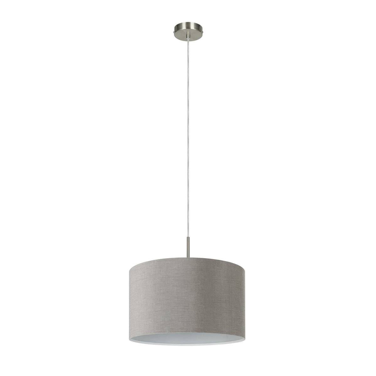 Vue de face sur fond blanc, abat-jour gris textile et finition métal nickel.