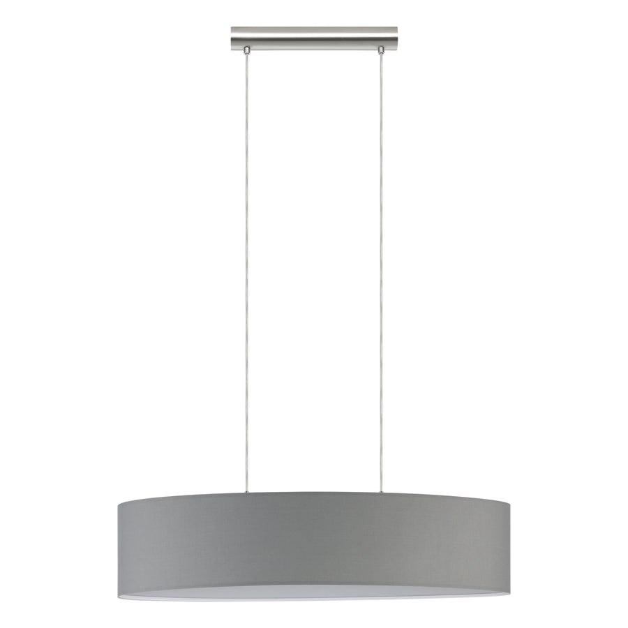 Vue de face du luminaire suspendu, abat-jour gris et support chromé