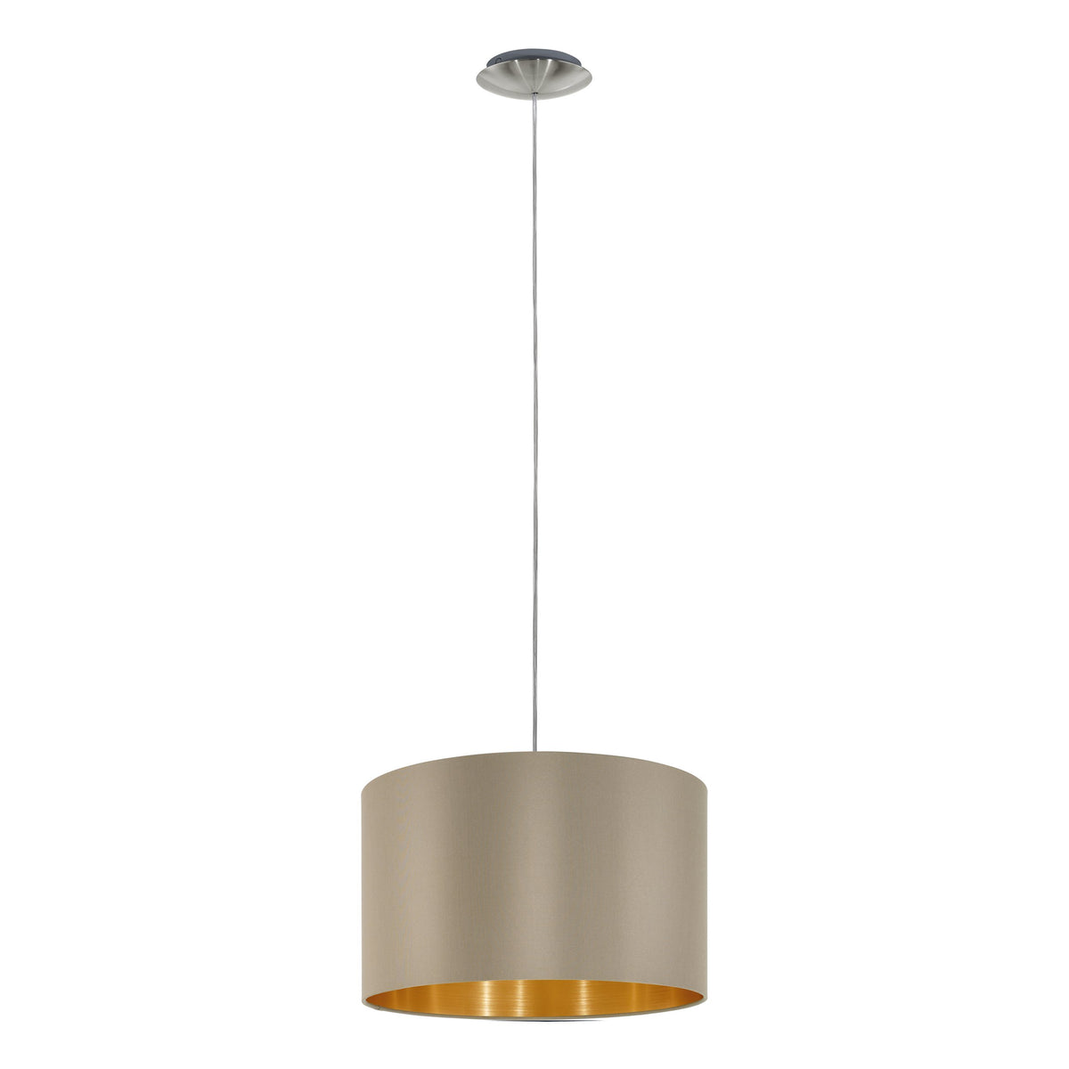 Vue entière de la suspension beige, long câble et abat-jour rond à intérieur doré.