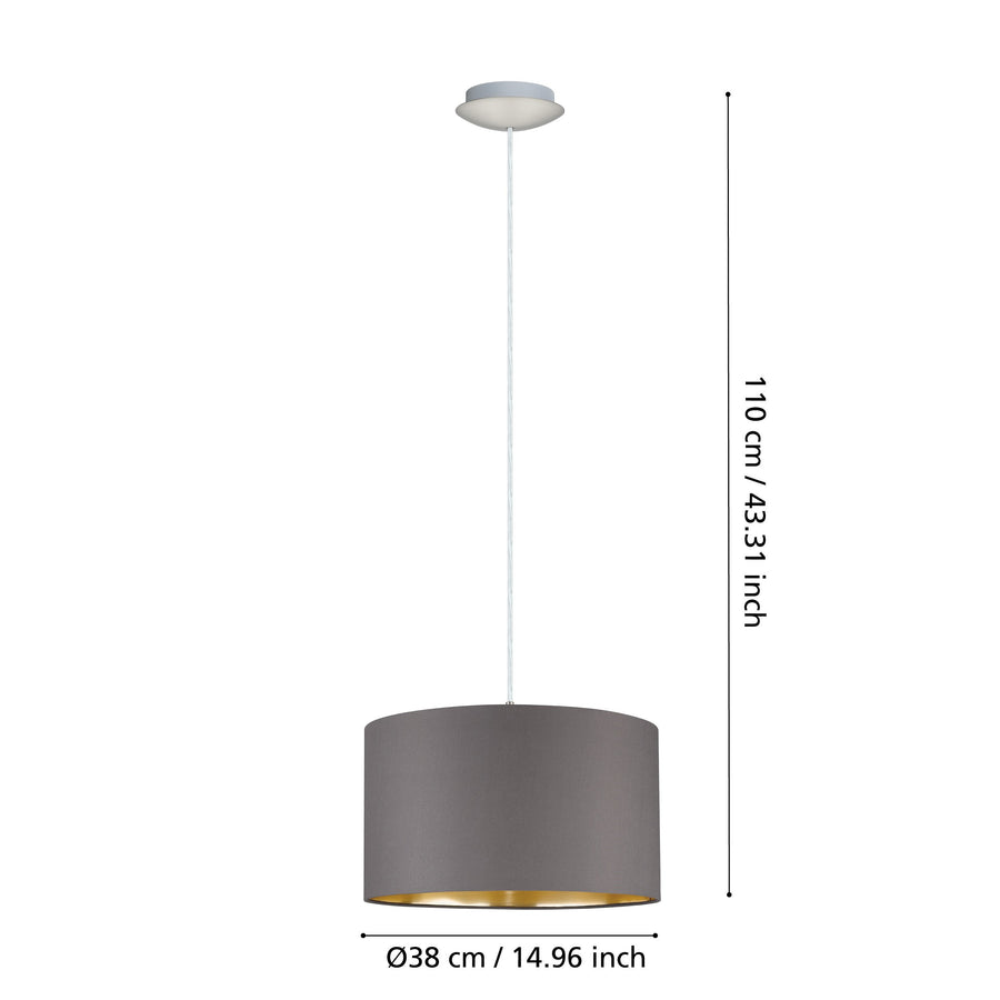 Schéma de dimensions : hauteur 110 cm et diamètre 38 cm de la suspension.