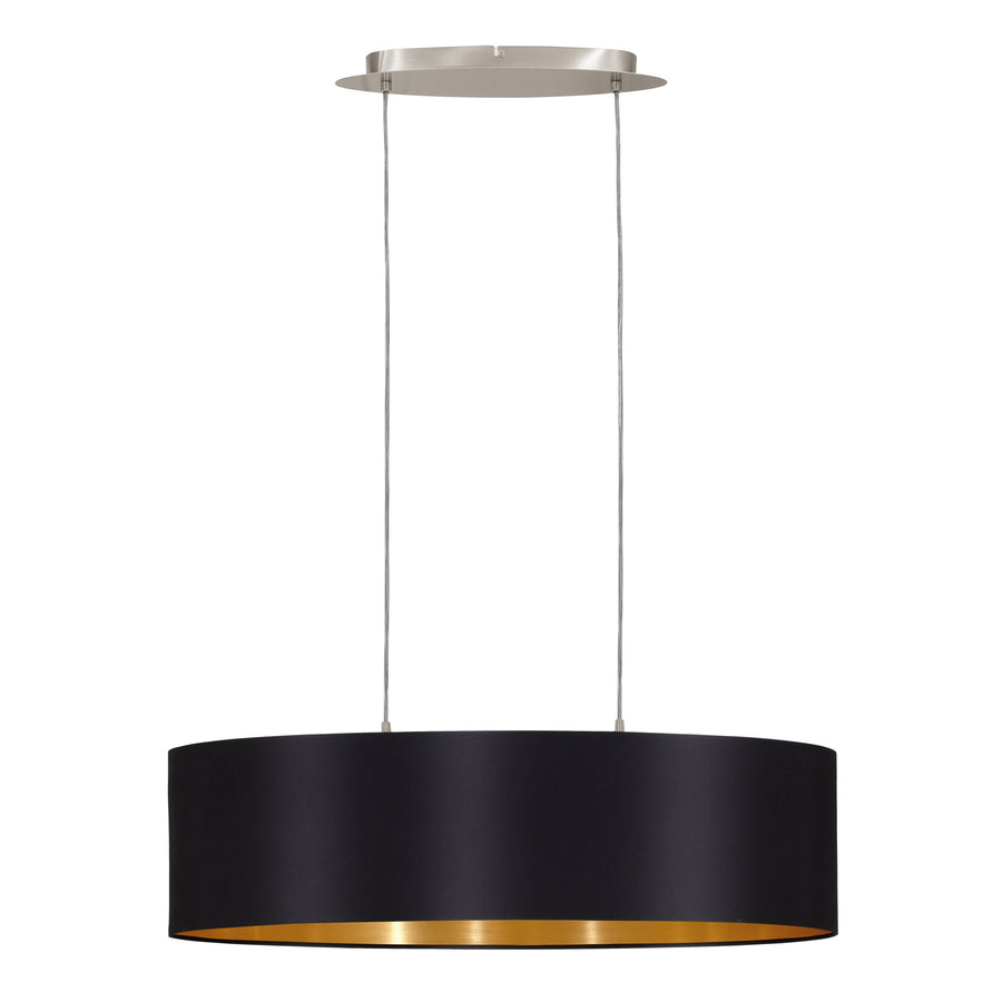 Vue de face du luminaire suspendu par deux câbles, abat-jour noir et intérieur doré