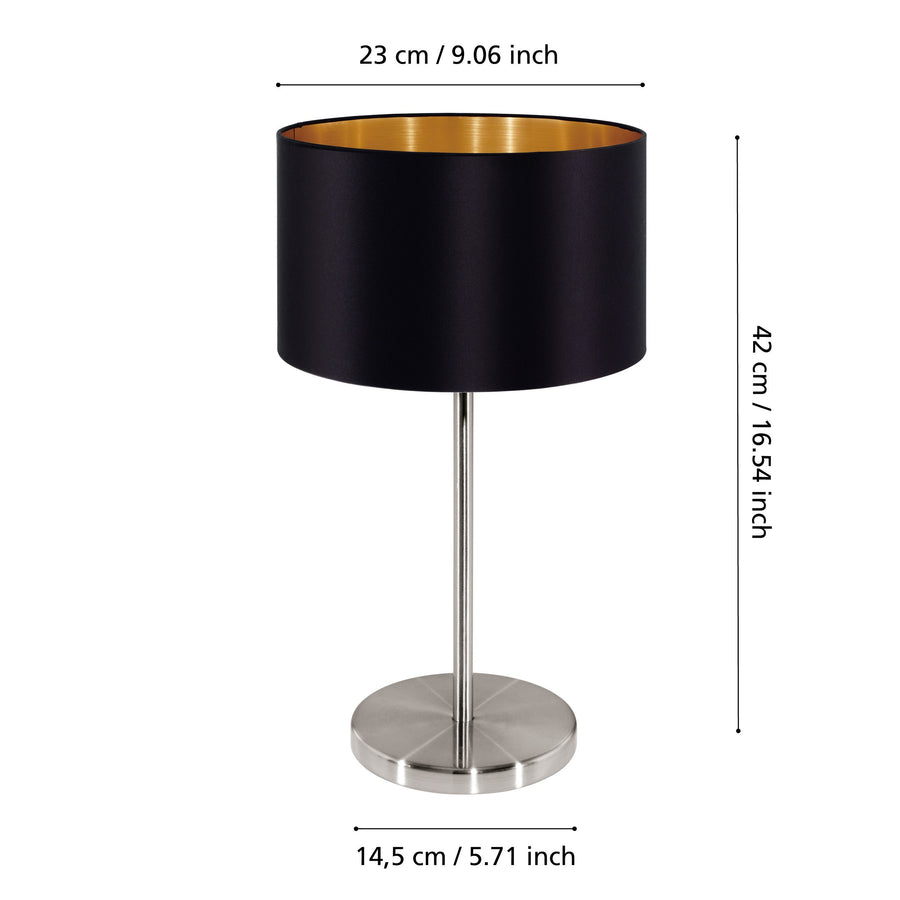 Schéma coté indiquant 23 cm de diamètre, 42 cm de hauteur et base de 14,5 cm.