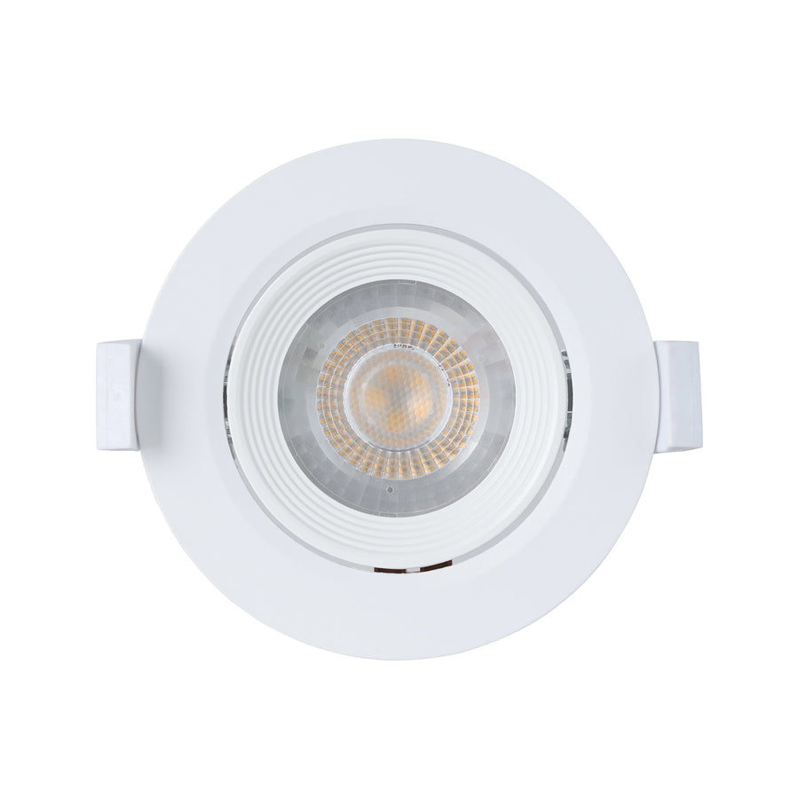 Vue de face d'un spot encastrable blanc, puce LED visible et clips latéraux apparents.