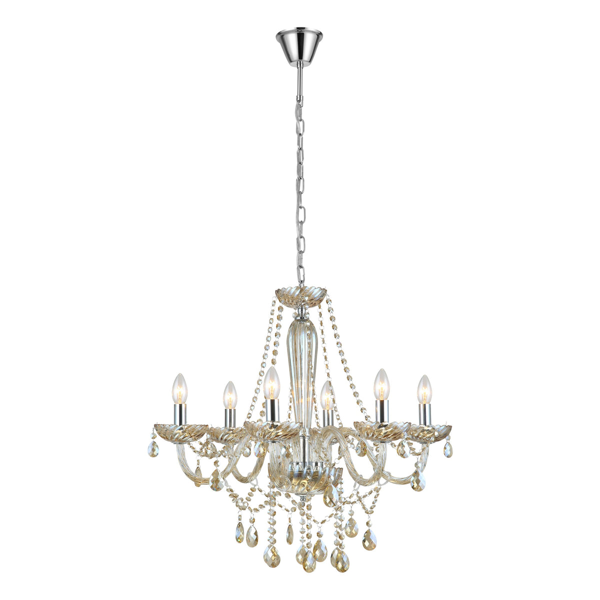 Lustre complet avec sa coupole de plafond chromée et ses six ampoules allumées