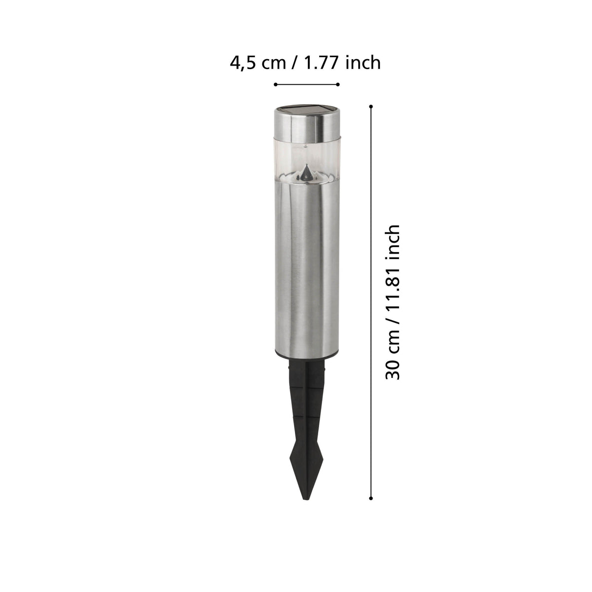 Schéma de dimensions indiquant 4,5 cm de diamètre et 30 cm de hauteur totale