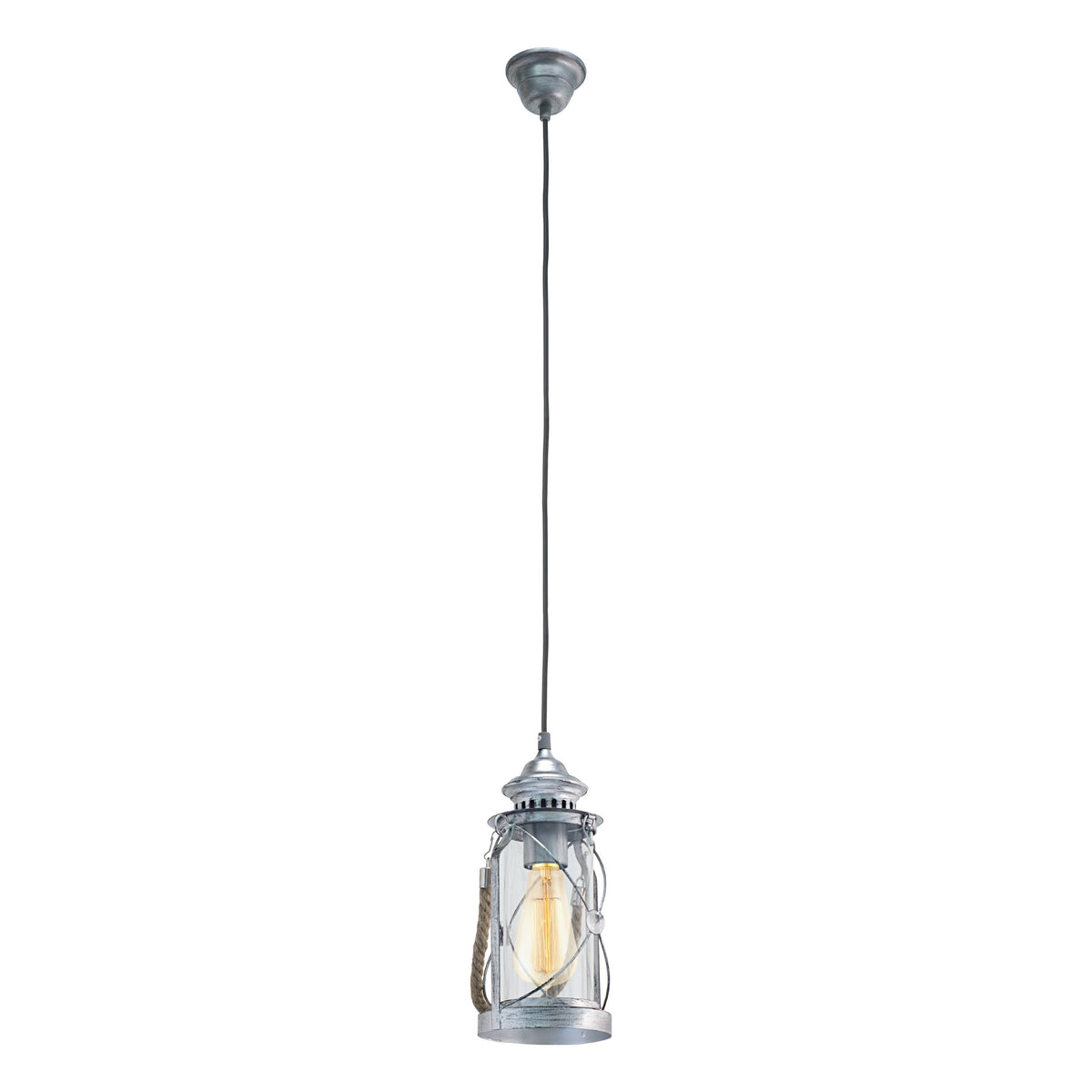 Vue de trois quarts du luminaire suspendu avec sa cage métallique