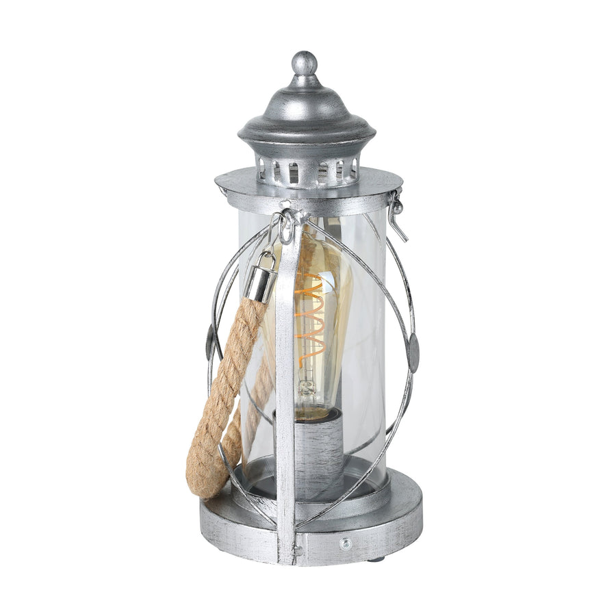 Détail de la corde tressée et de l'ampoule à filament à travers le verre