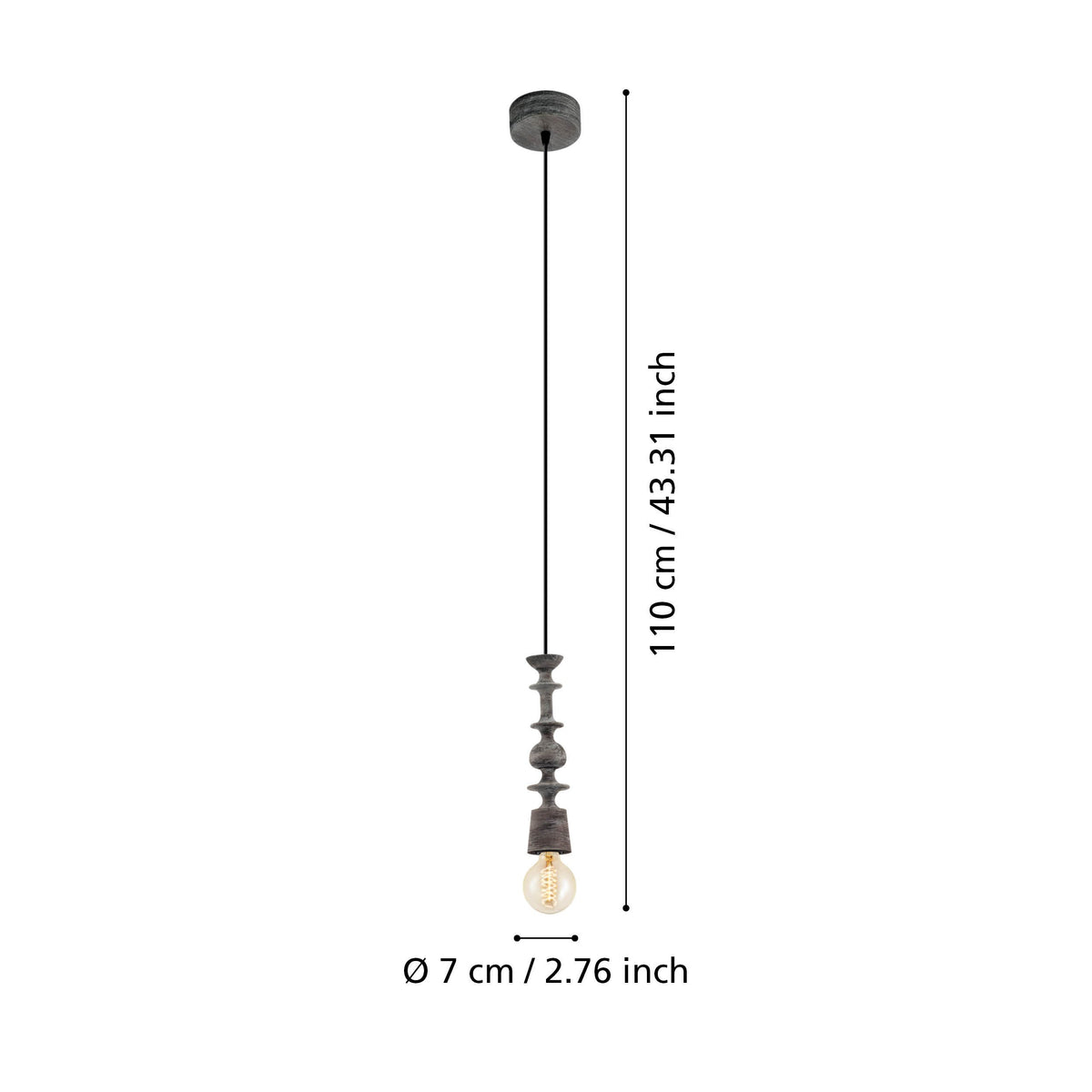 Schéma coté de la suspension indiquant hauteur 110 cm et diamètre 7 cm