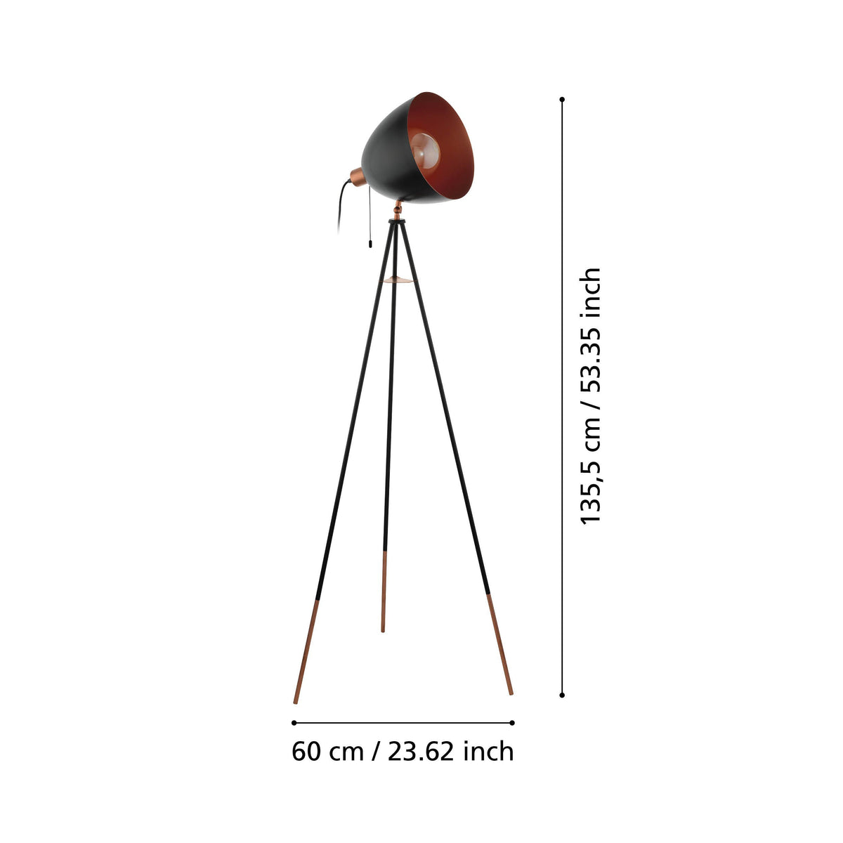 Schéma coté du lampadaire avec hauteur 135,5 cm et largeur 60 cm