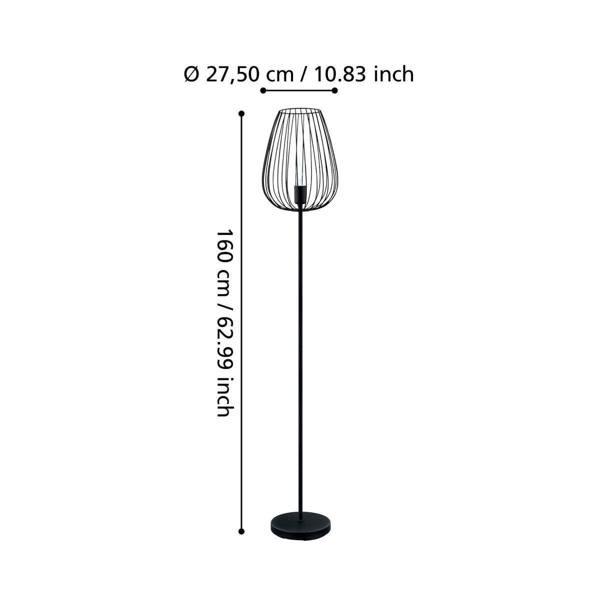 Schéma de dimensions du lampadaire, hauteur 160 cm et diamètre 27,5 cm