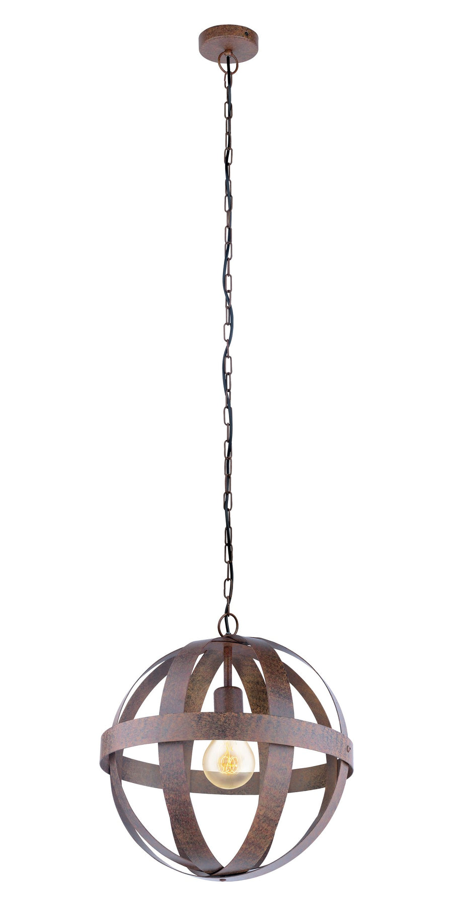 Vue de face du luminaire allumé avec finition rouille et ampoule chaude