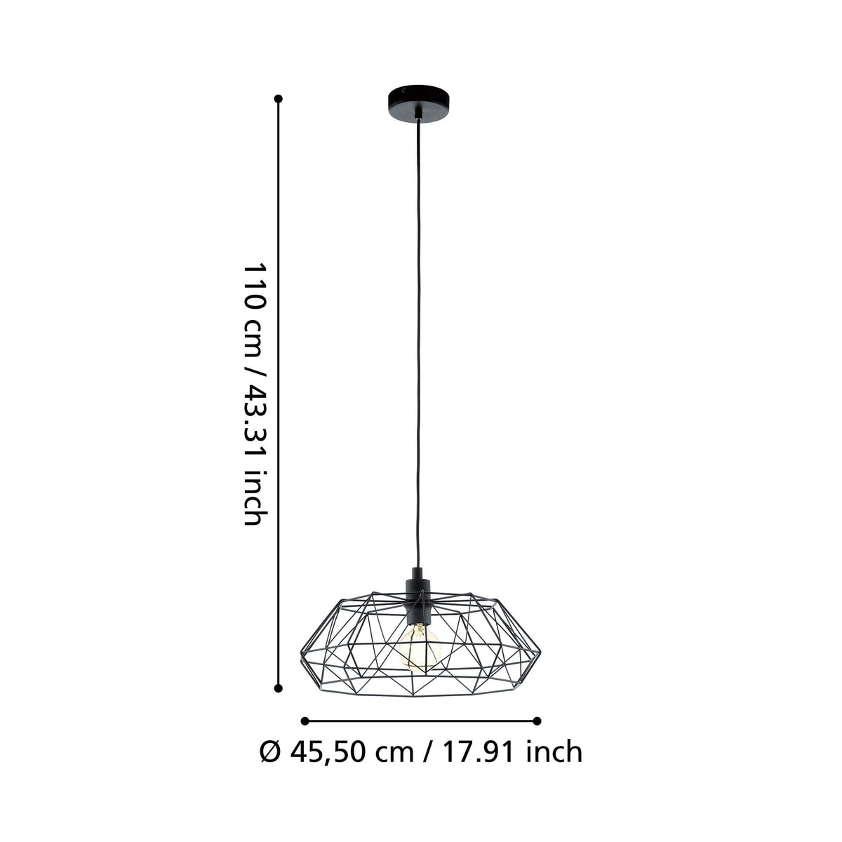 Schéma de dimensions de la suspension noire avec hauteur 110 cm et diamètre 45,50 cm.