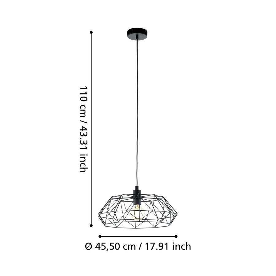 Schéma de dimensions de la suspension noire avec hauteur 110 cm et diamètre 45,50 cm.