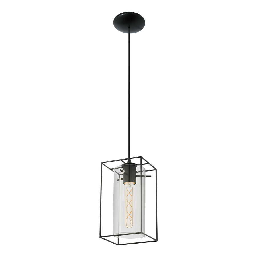 Vue de trois quarts du luminaire montrant la cage noire et l'ampoule filament