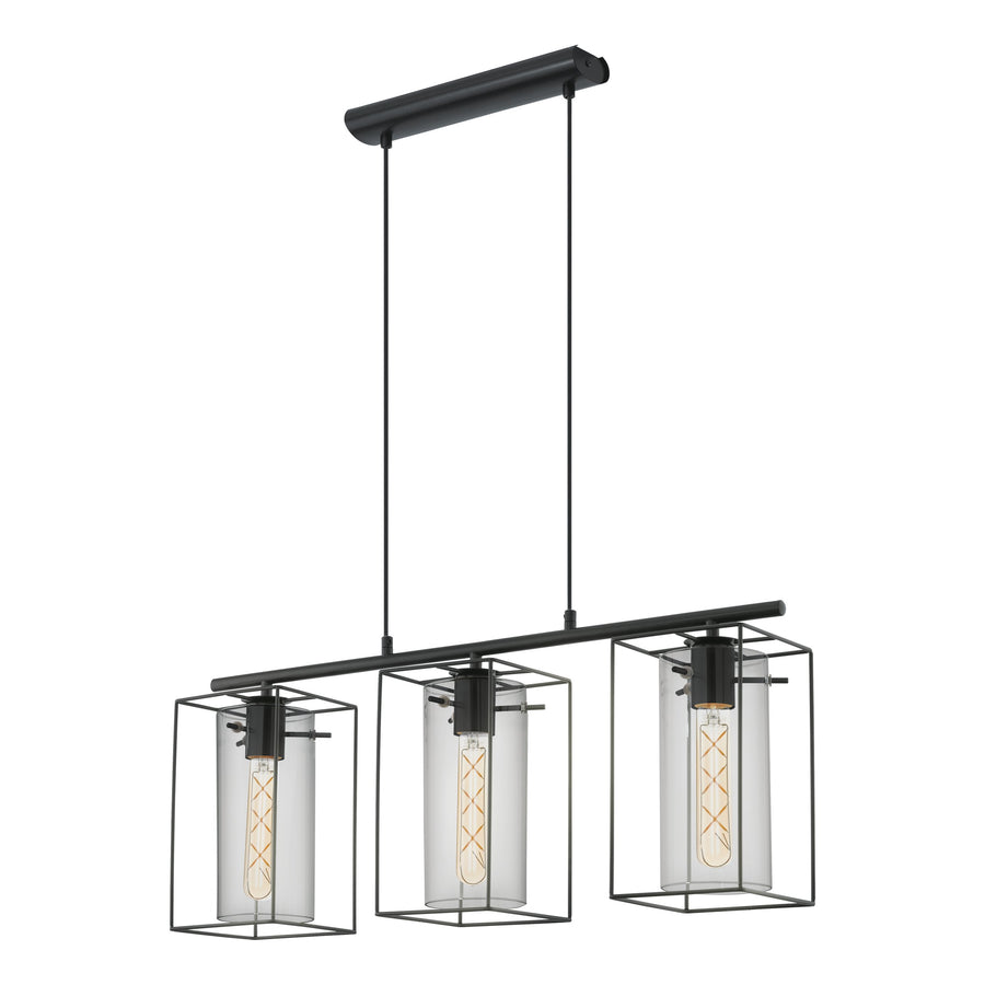 Second cliché du luminaire noir, montrant les trois cages alignées et ampoules à filament.