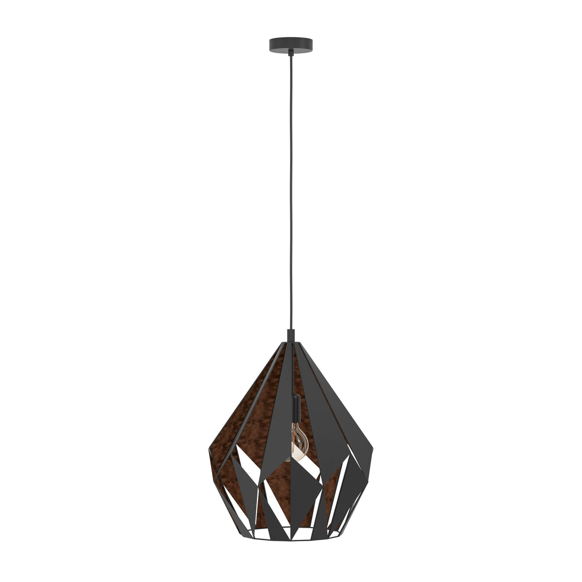Suspension complète vue de face, câble noir et rosace de fixation au plafond
