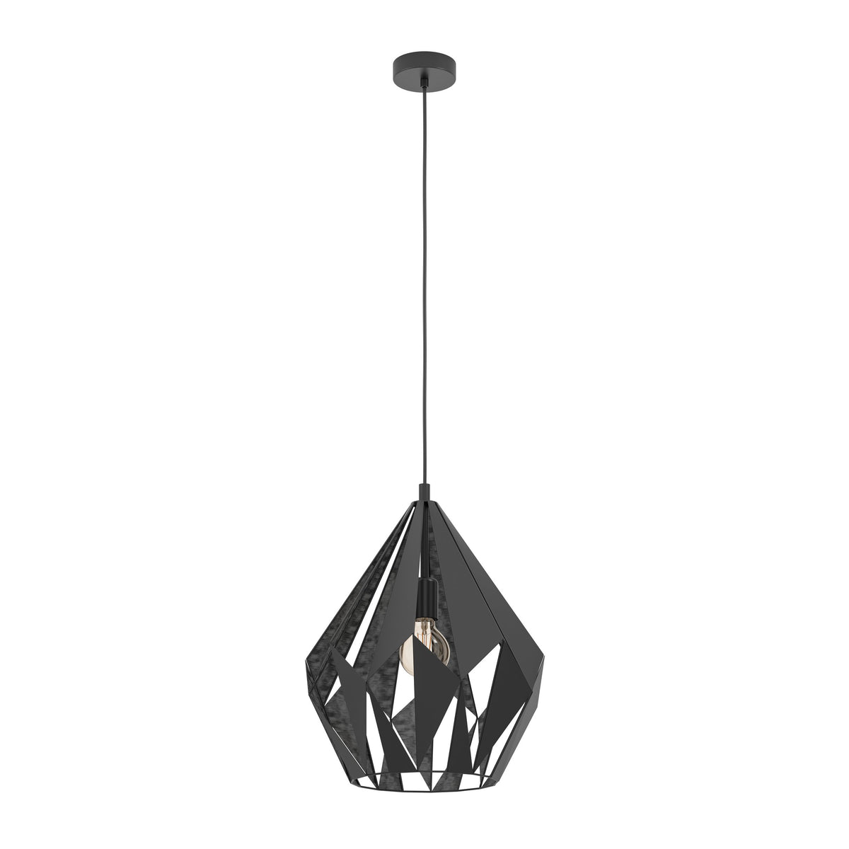 Vue d'ensemble de la suspension noire sur fond blanc avec sa rosace plafond