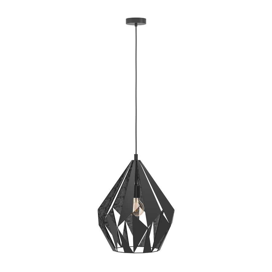 Second angle du luminaire noir montrant les panneaux triangulaires et le câble