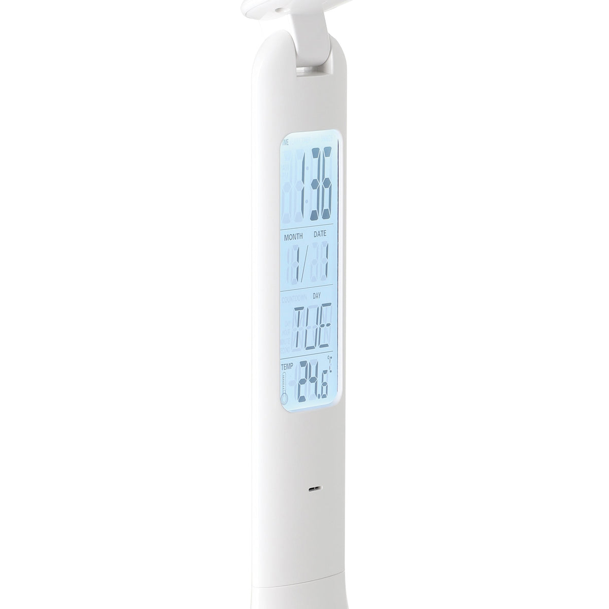 Détail du pied montrant l'écran LCD avec heure, date, compte à rebours et température