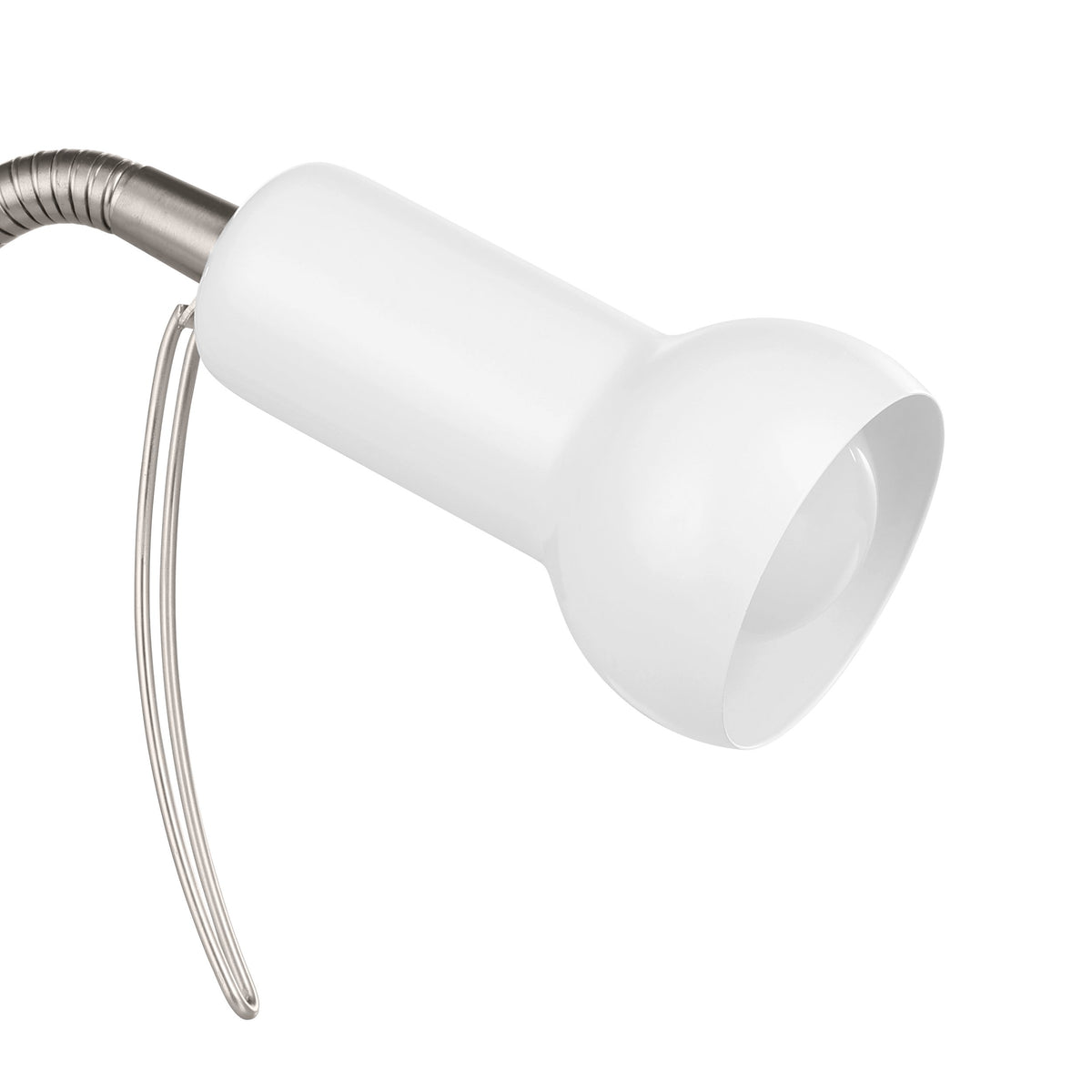 Détail de la tête blanche et du col argenté flexible de la lampe de bureau.