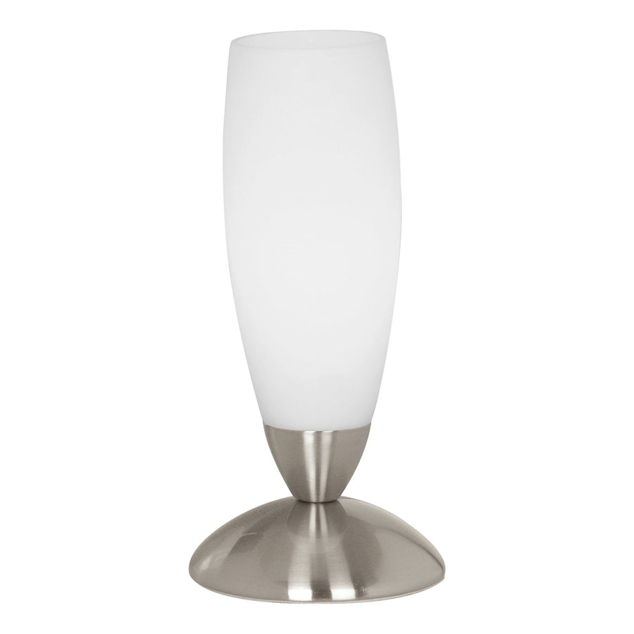 Vue de face de la lampe à poser, abat-jour en verre opalin blanc