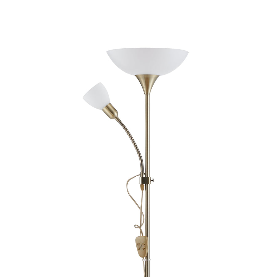 Détail du haut : grand abat-jour blanc, petit spot orientable et variateur.