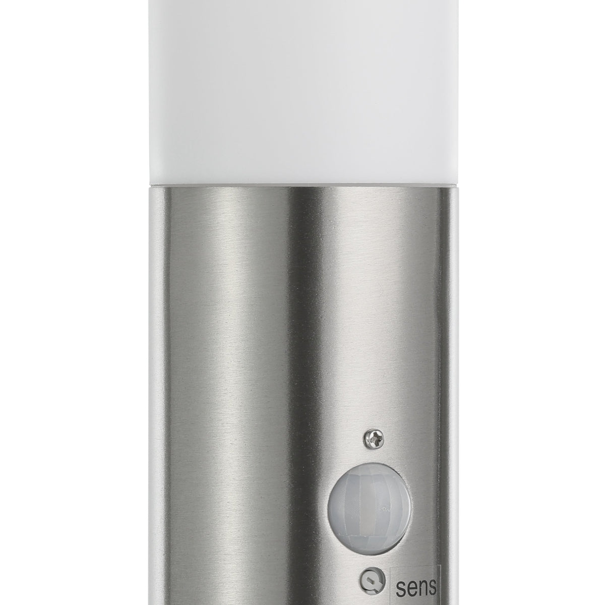 Détail du fût en inox avec capteur de présence et diffuseur blanc