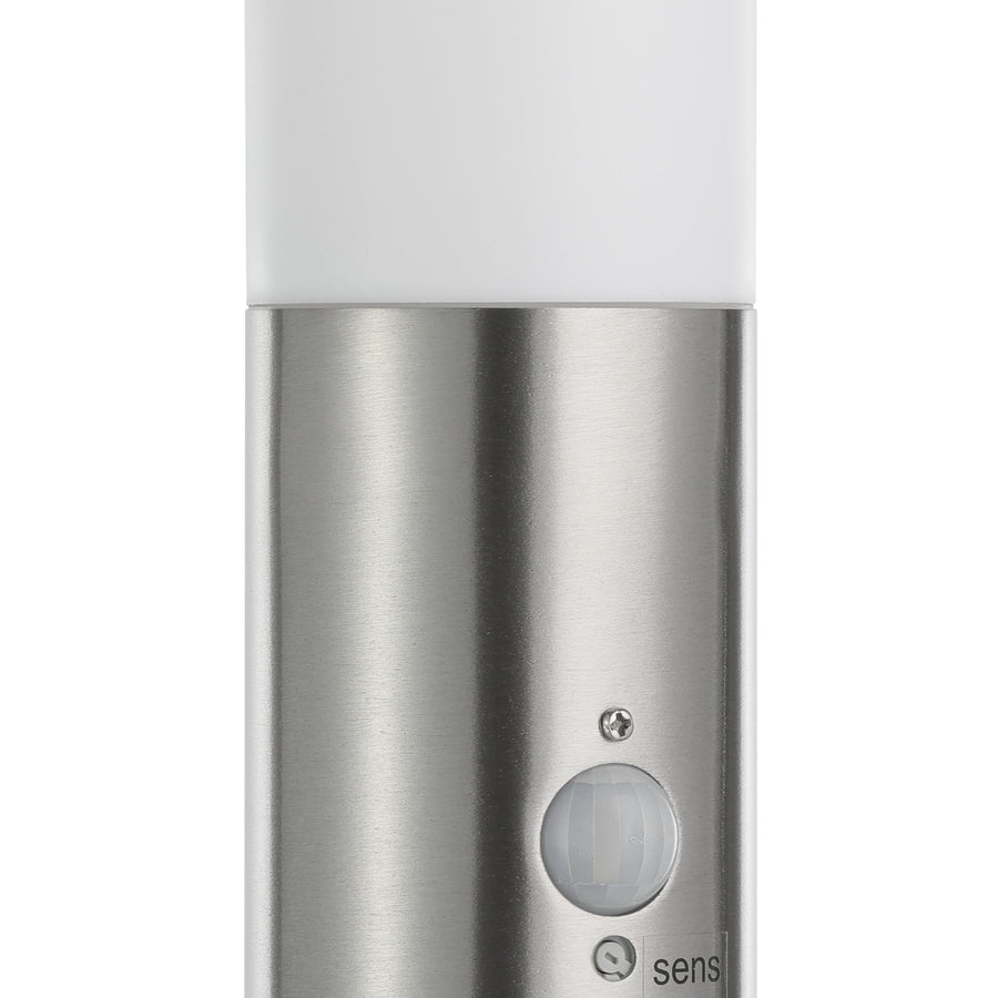 Détail du fût en inox avec capteur de présence et diffuseur blanc