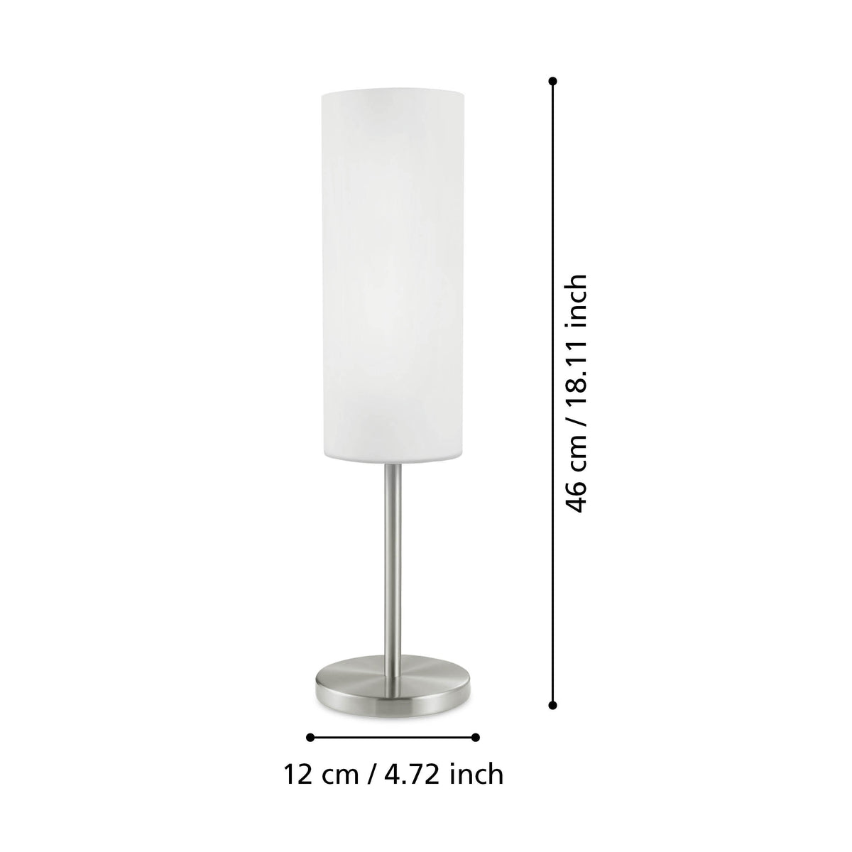 Schéma de dimensions avec 46 cm de hauteur et 12 cm de diamètre