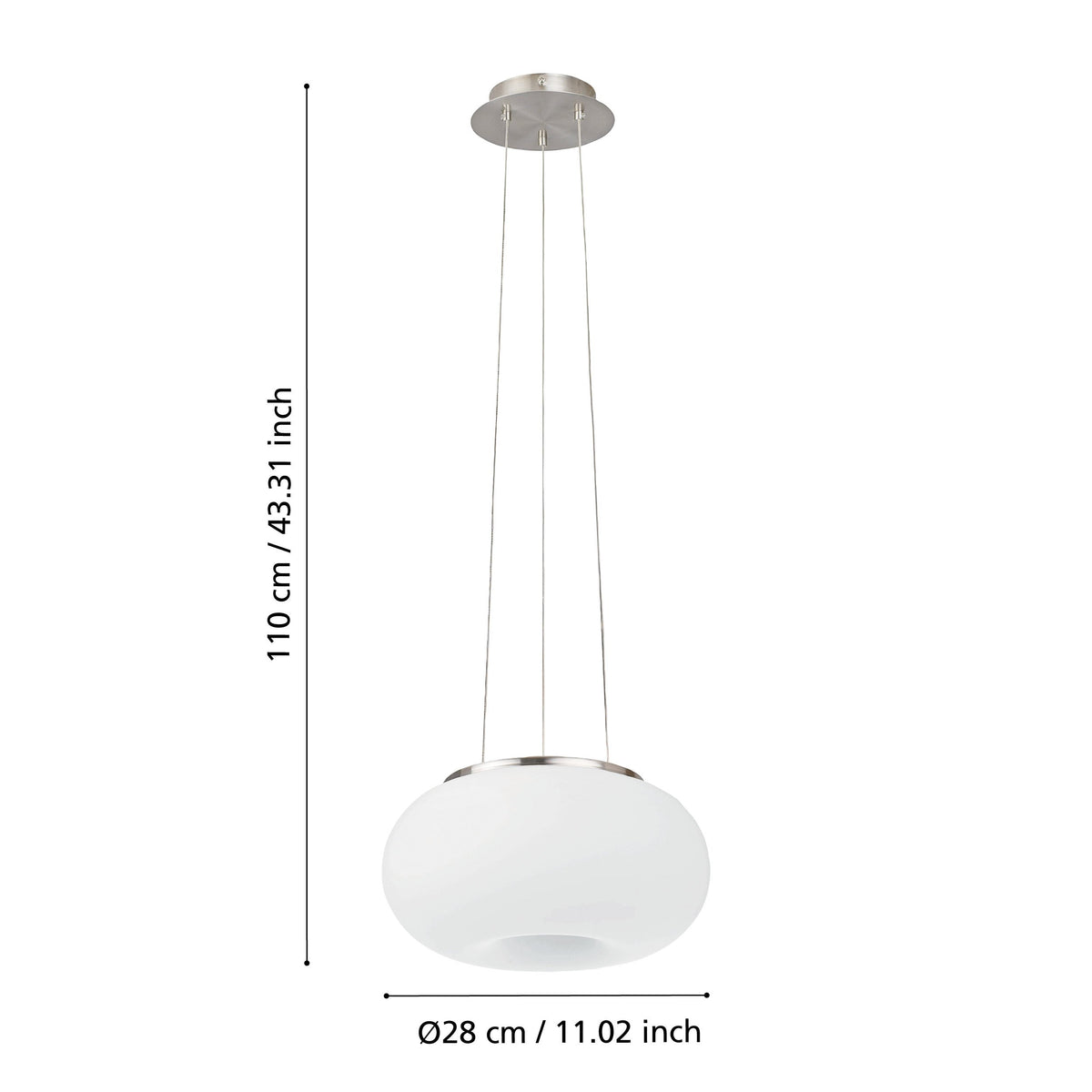 Schéma de la suspension indiquant une hauteur de 110 cm et un diamètre de 28 cm.