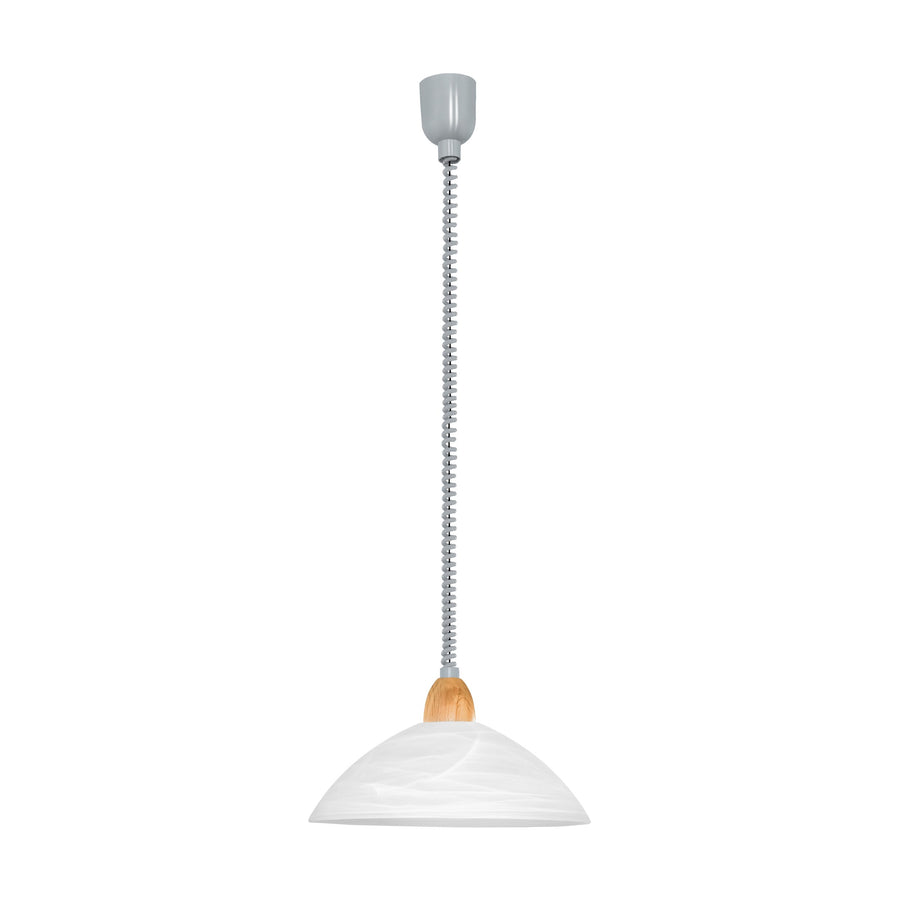 Vue d'ensemble du luminaire sur fond blanc, coupelle, câble et diffuseur visibles