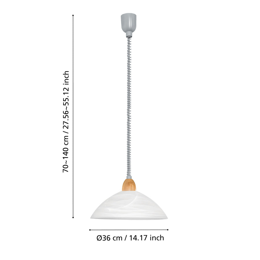 Schéma coté indiquant une hauteur réglable de 70 à 140 cm et un diamètre de 36 cm