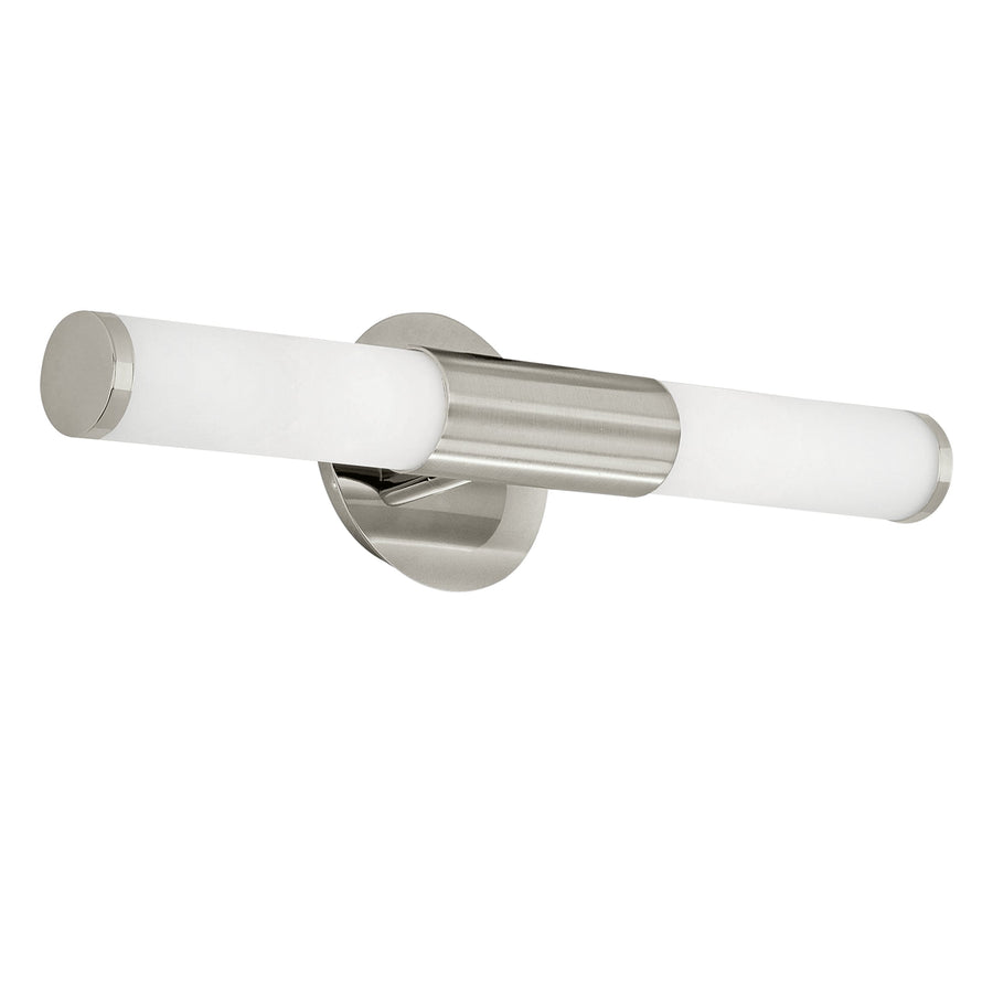 Vue de trois quarts du luminaire, tubes opalins et embase ronde brossée