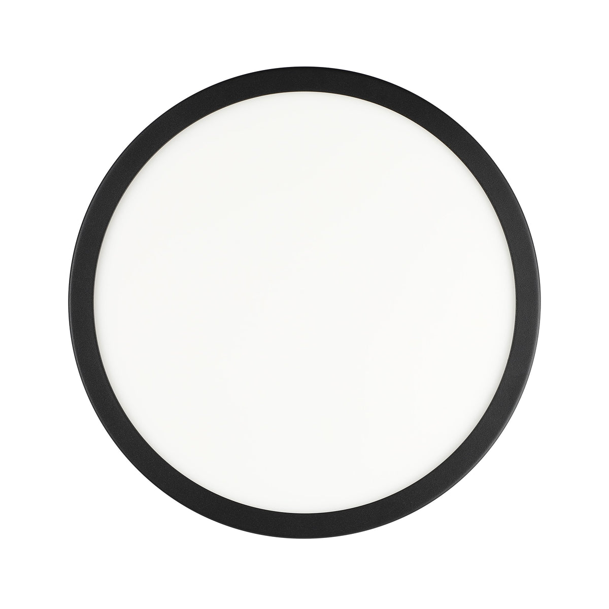 Vue de face du plafonnier circulaire, anneau noir et diffuseur blanc uni