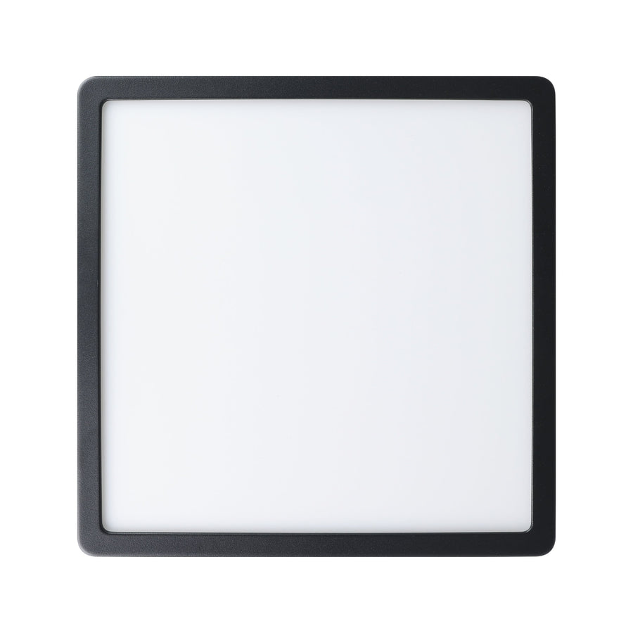 Vue de face du luminaire carré avec cadre noir fin et diffuseur blanc.