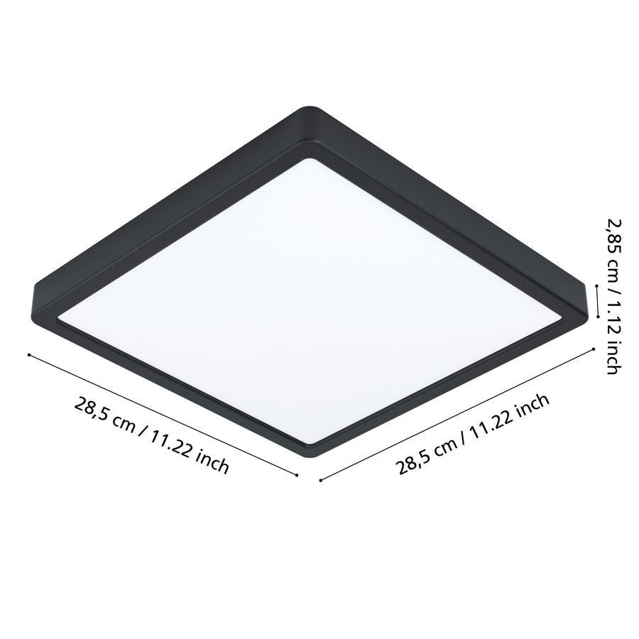 Schéma de dimensions indiquant 28,5 cm de côté et 2,85 cm d'épaisseur.