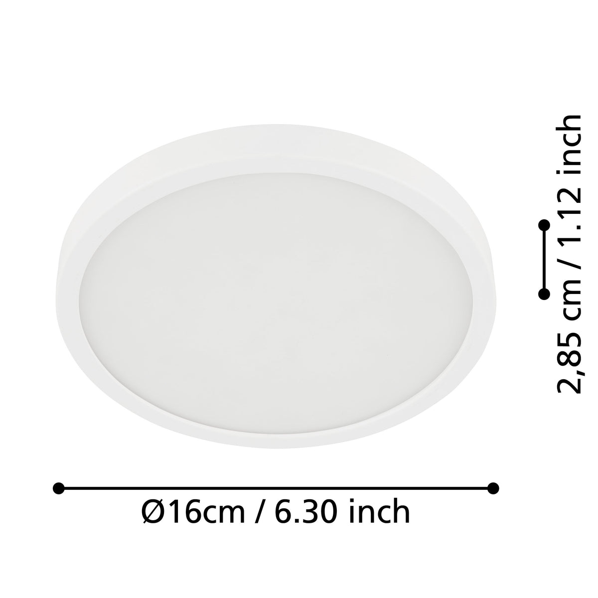 Schéma coté du plafonnier indiquant un diamètre de 16 cm pour 2,85 cm de hauteur