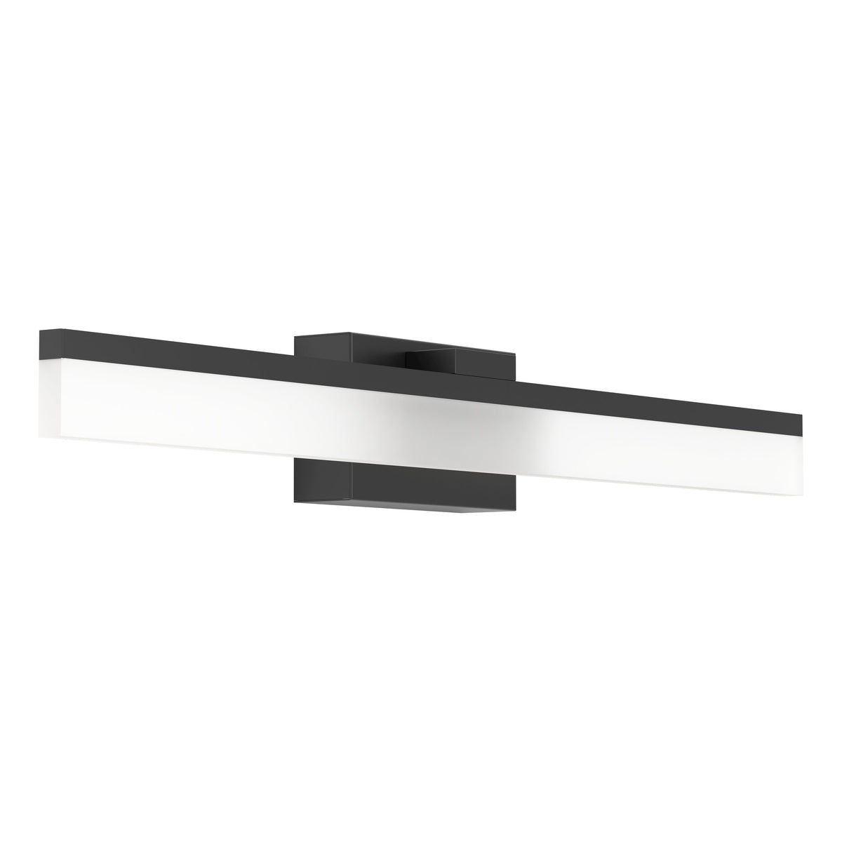 Vue de trois quarts du luminaire noir avec son long diffuseur rectangulaire.