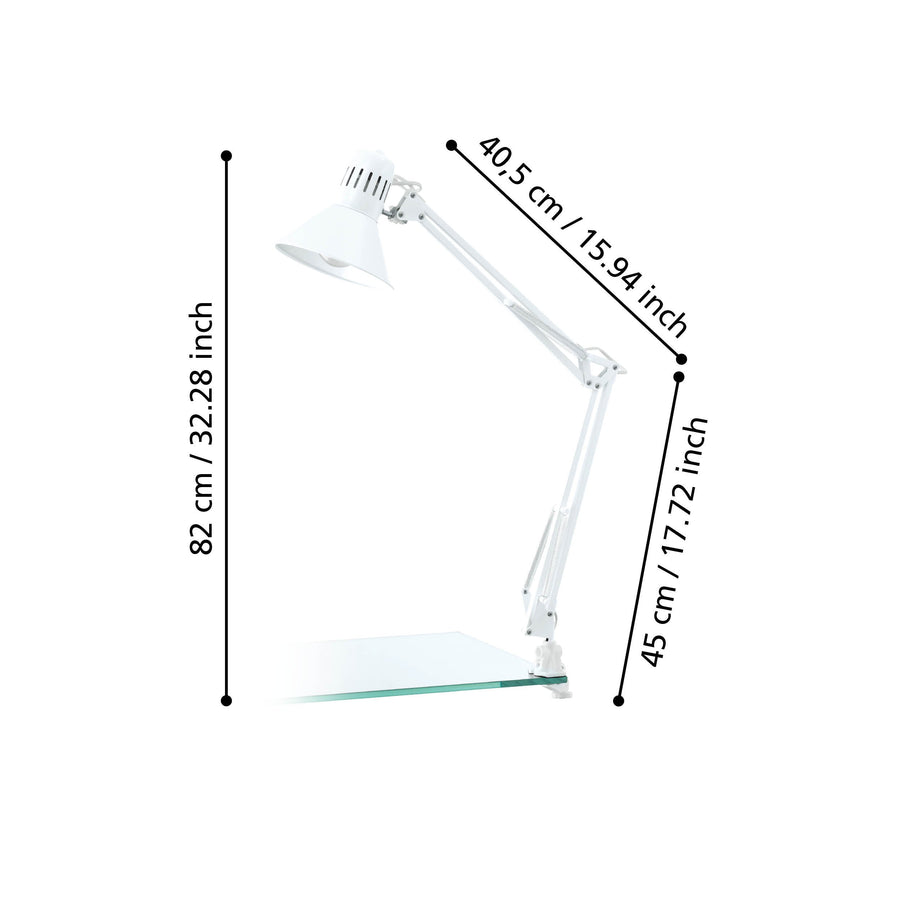 Schéma coté de la lampe avec hauteur 82 cm et longueurs de bras