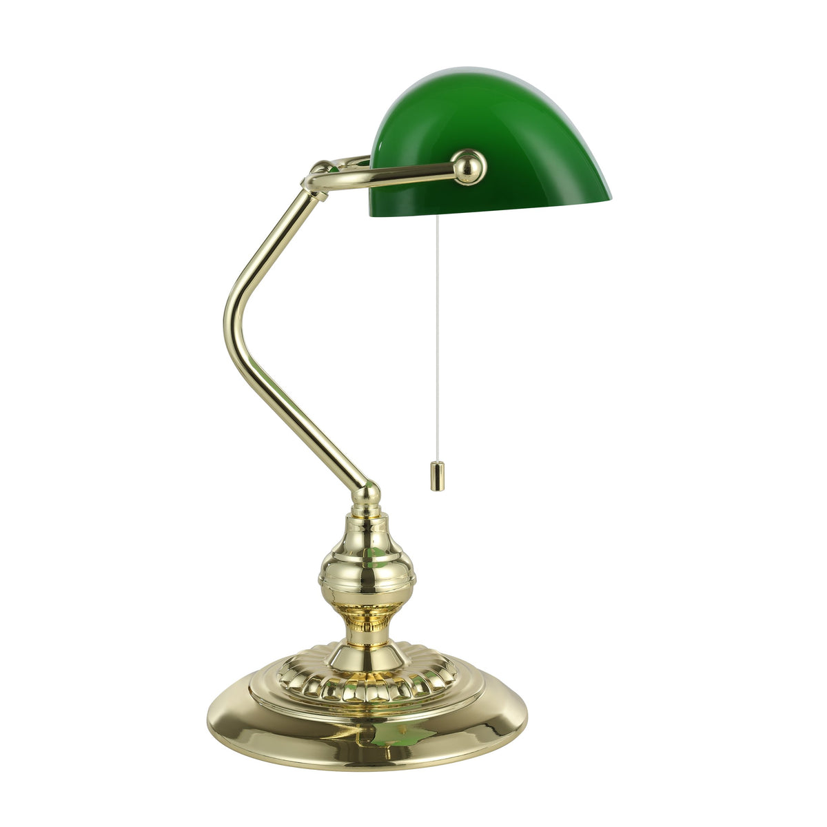 Lampe de bureau vue de trois quarts, abat-jour bombé vert et base ronde en laiton.