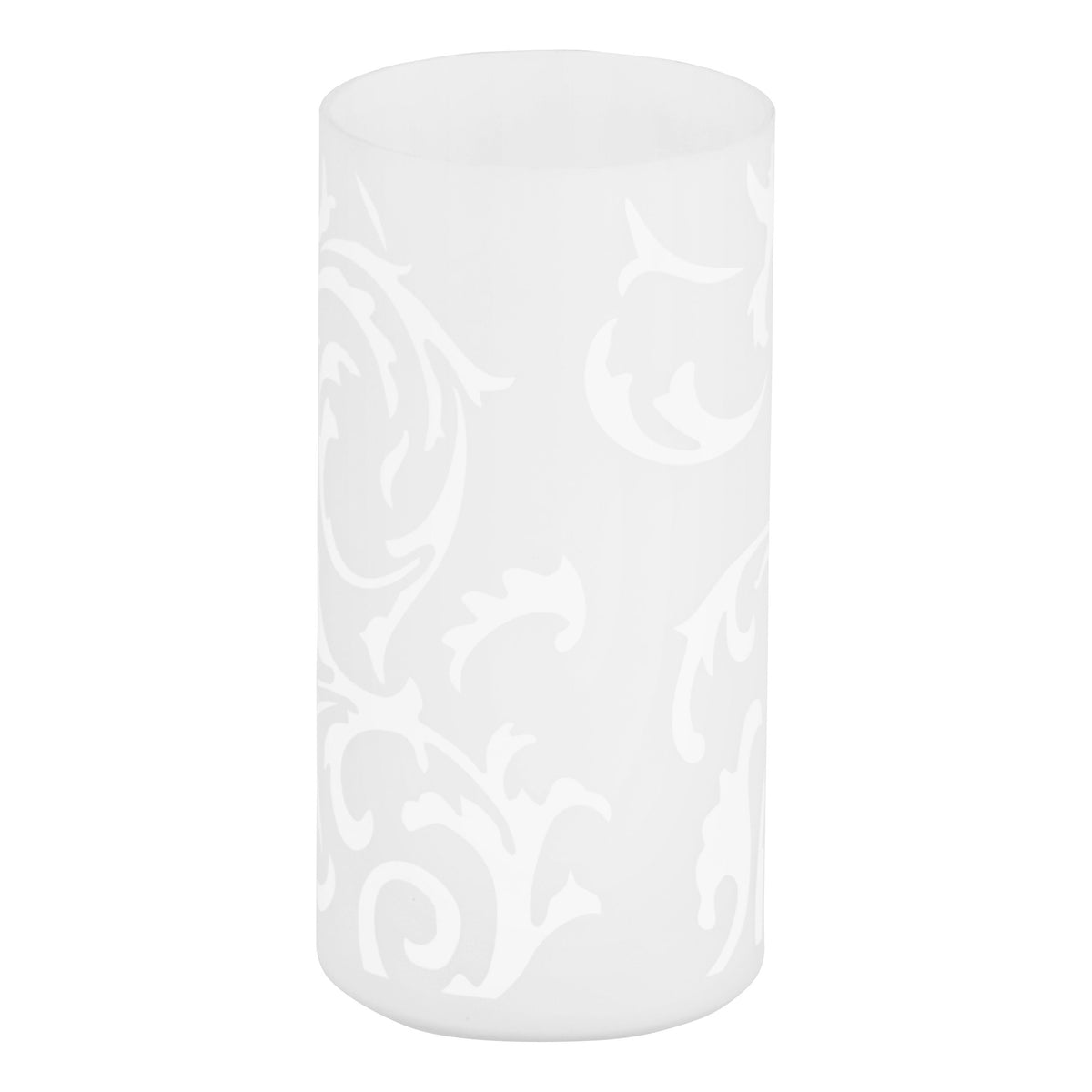 Vue de face du cylindre en verre blanc, décor arabesque discret.