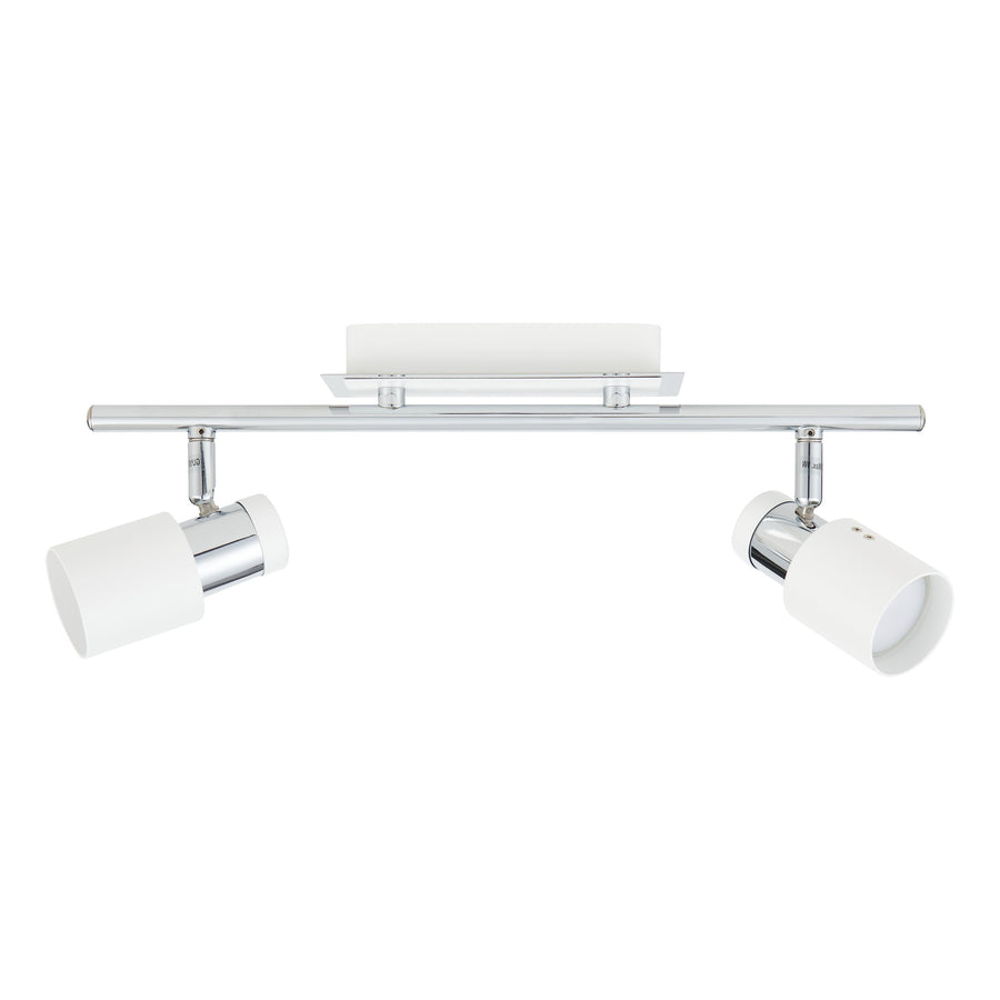Vue de face du luminaire deux spots, barre chromée et diffuseurs blancs orientables.