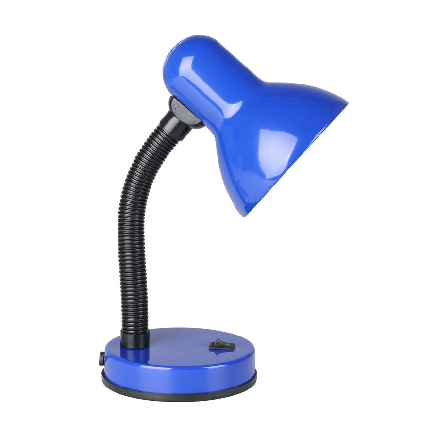 Vue de profil de la lampe bleue avec son bras flexible et sa base ronde.