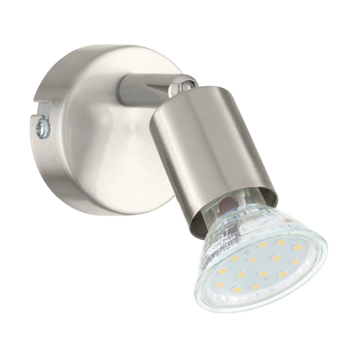 Vue rapprochée du spot montrant la rotule et l'ampoule LED transparente incluse.