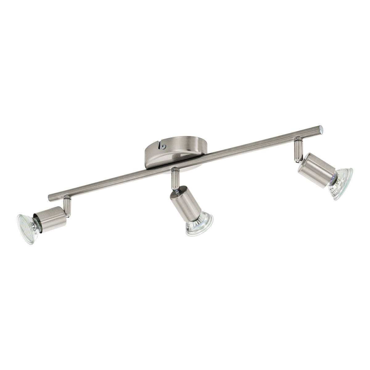 Vue de face du spot horizontal à trois projecteurs orientables nickel satiné