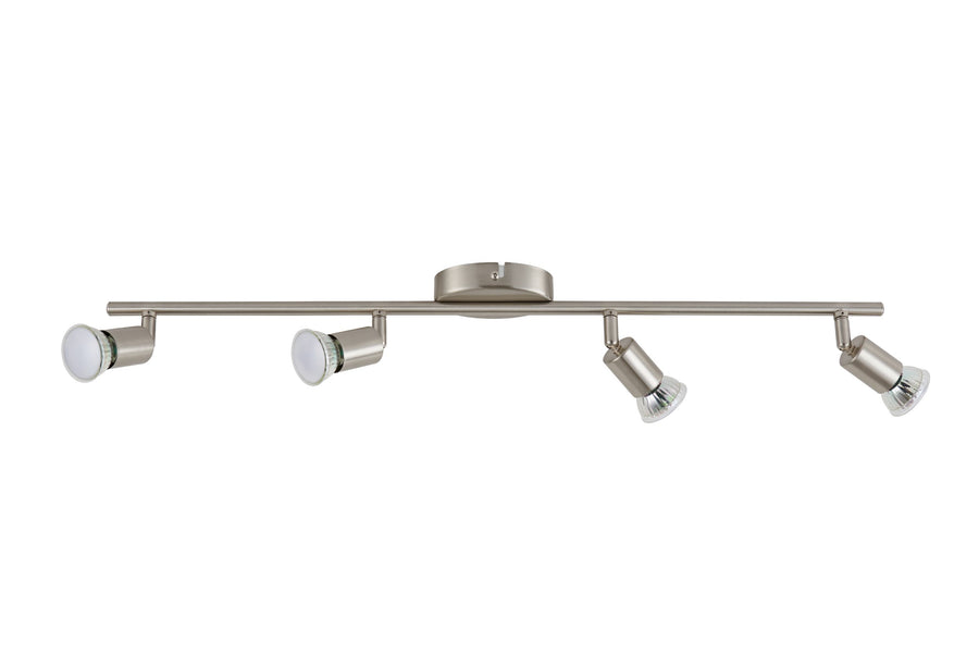 Face avant du rail rectiligne supportant quatre spots réglables nickel satiné
