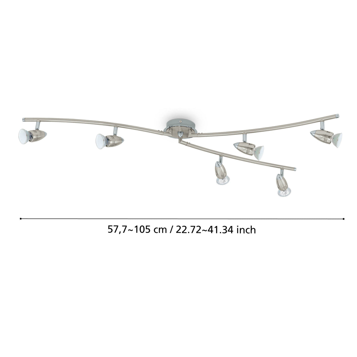 Schéma de dimensions du luminaire plafond, largeur réglable de 57,7 à 105 cm.